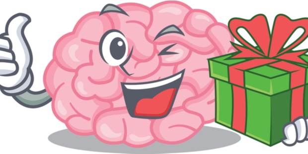 A cartoon of a brain holding a gift box.