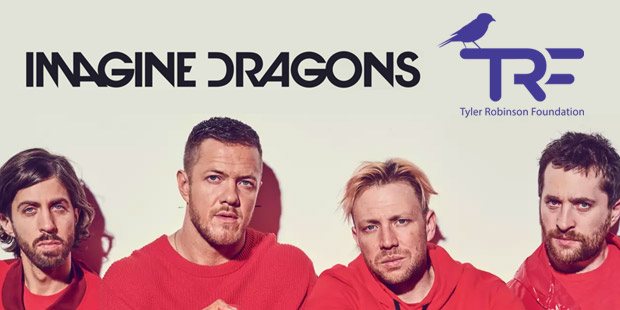 A photo of Imagine Dragons and the logo of the Tyler Robinson Foundation