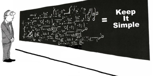 drawing of a man at a chalkboard with a very complex formula and equals sign and KEEP IT SIMPLE on the other side